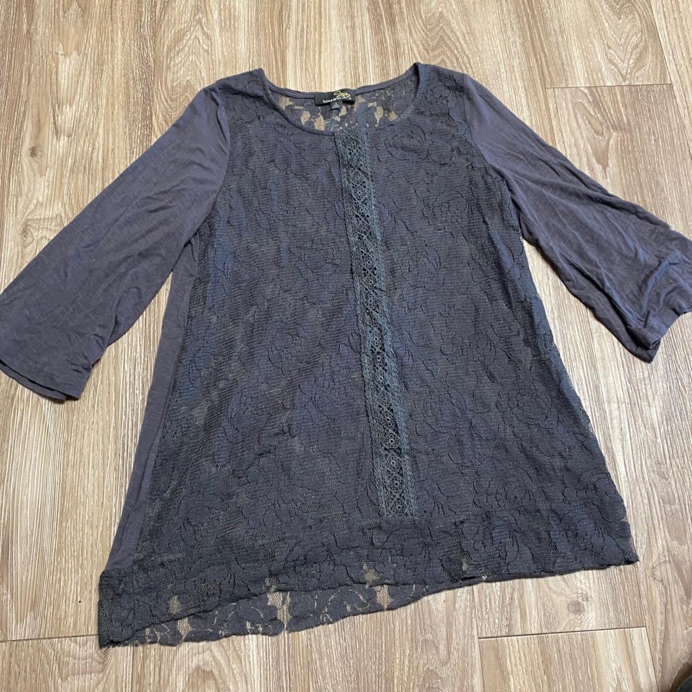 Suzanne Betro Charcoal Grey Lace Front 3/4 Sleeve Tunic Top Small